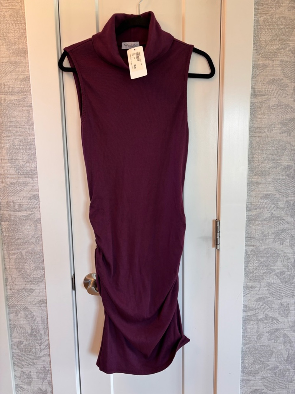 NWT Evereve Michael Stars Ruched Turtleneck Mini Dress Plum Ribbed Sleeveless L - Picture 5 of 8